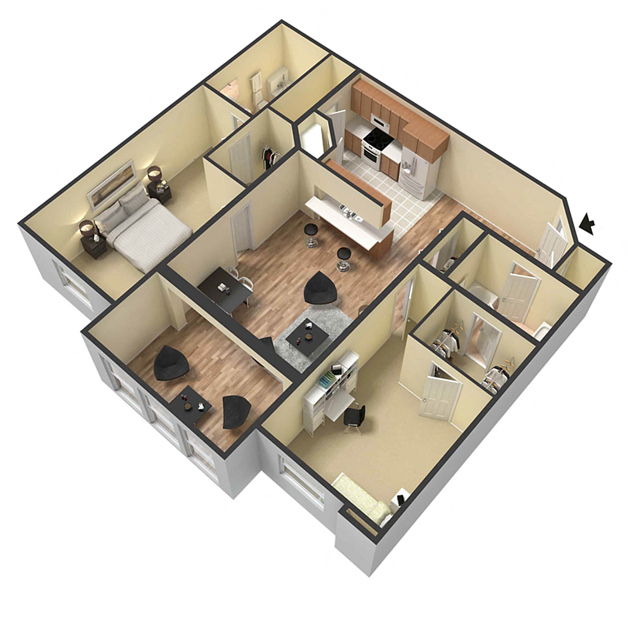Floor plan for 2 beds, 2 baths, 1110 sqft